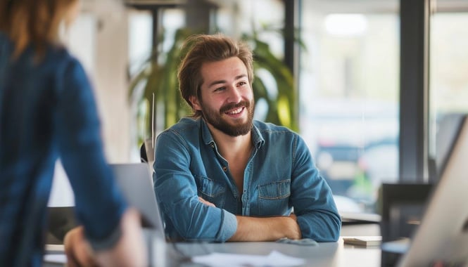 image of a 30 year old male working in recruitment and chatting with his colleagues